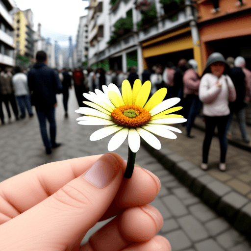AI generated: close-up photo of a tiny daisy breaking through conscrete on a crowded street in bogota