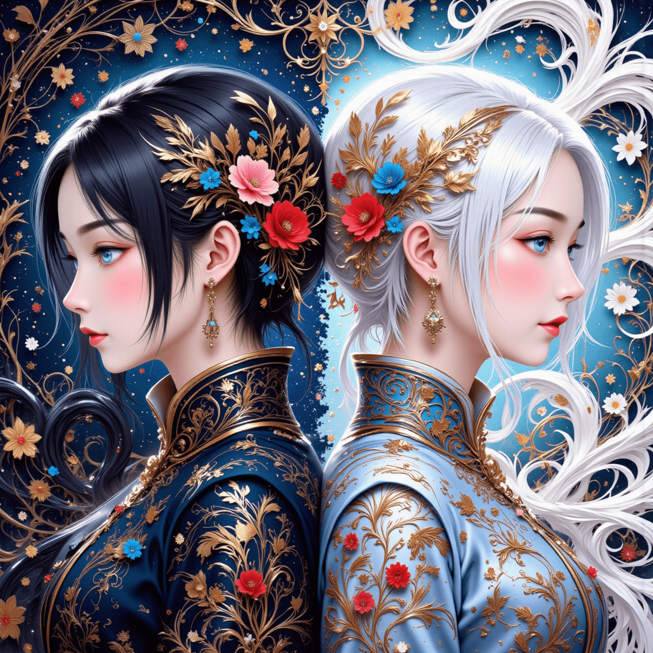 AI generated: two girls facing different direction, girl with black hair and red eyes facing to the left, girl wit...