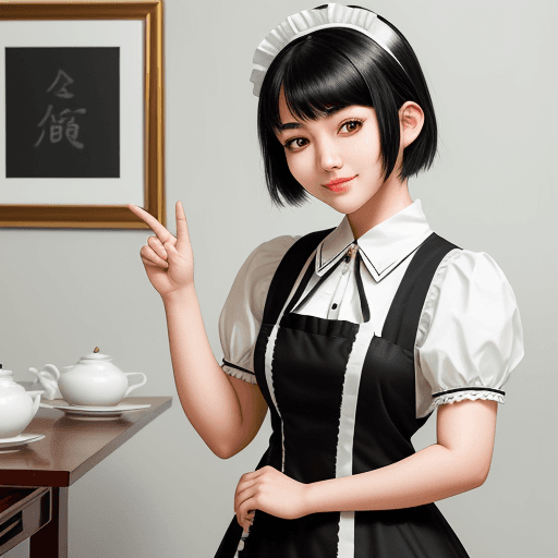 AI generated: Asian girl 21 years old, with maid costume, black short hair, hands under the chin making a cute pos...