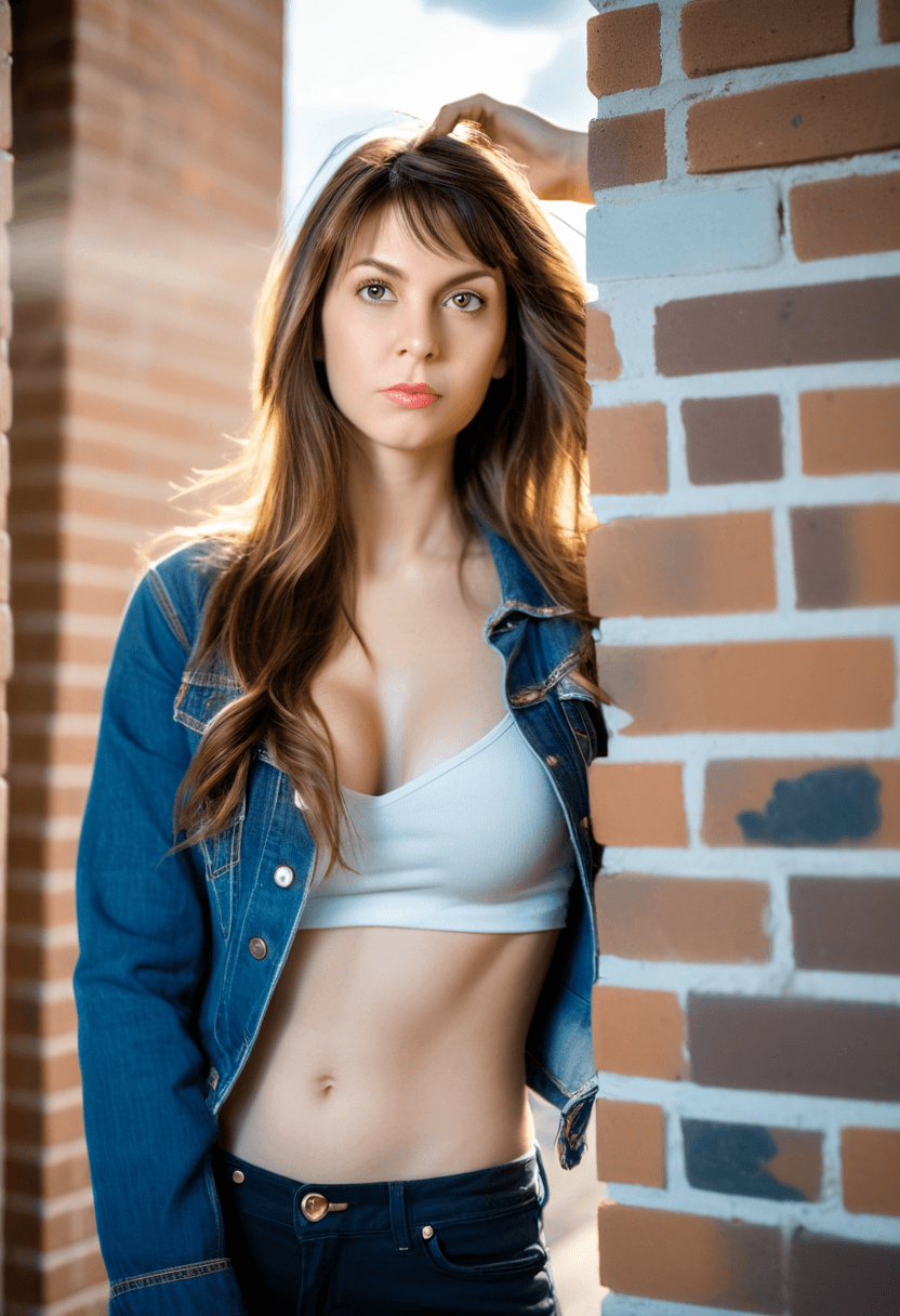 AI generated: This is a photograph woman with long, wavy, bronze hair flowing over her shoulders leans up against ...