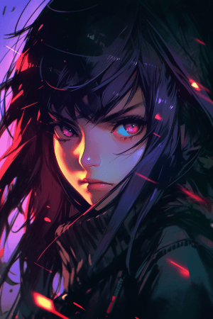 AI generated: A mysterious anime character with a mischievous grin, with dark purple hair, Headshot shot, in the s...