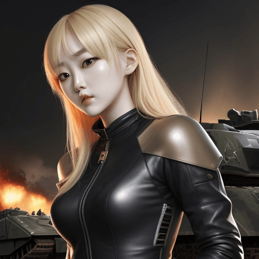 AI generated: High resolution kang ji young blonde hair in leather suit in a battle tank