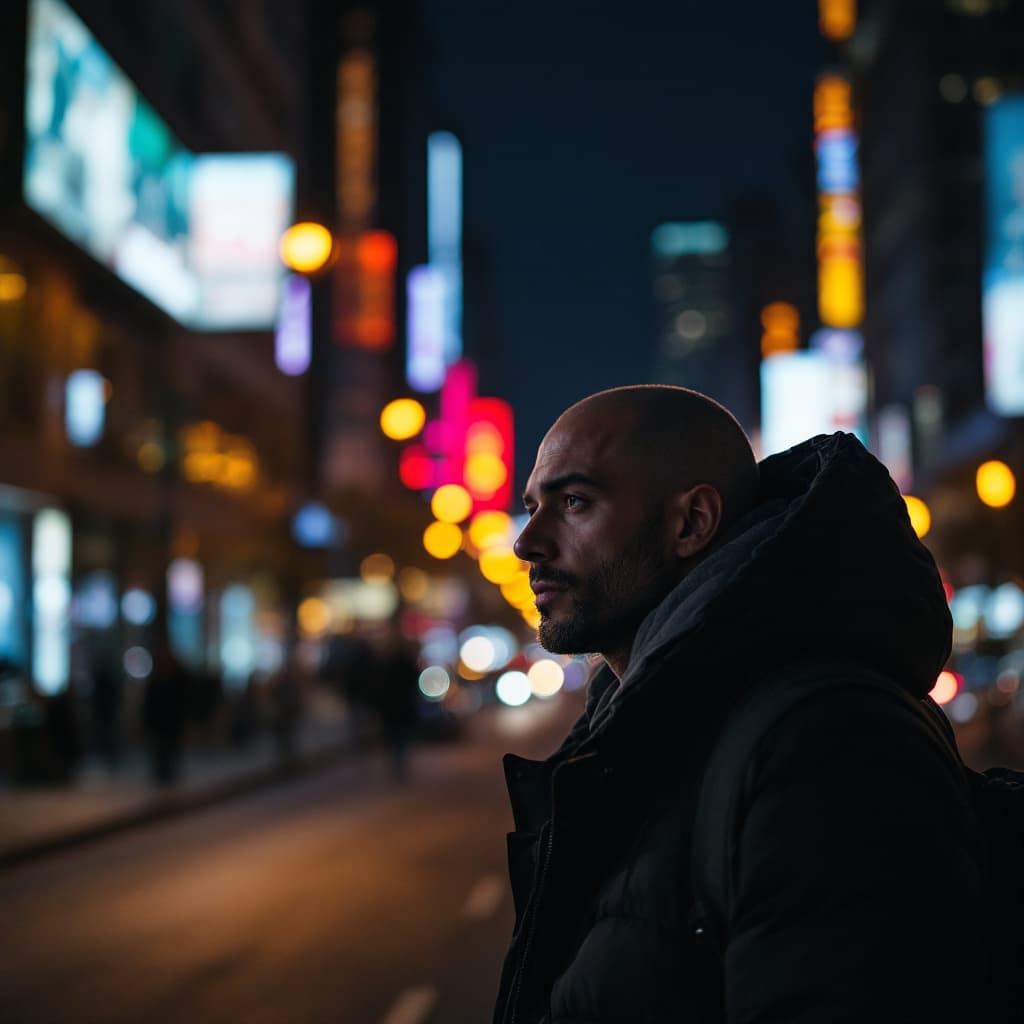 AI generated: A 35 years old sigma male in city at night 