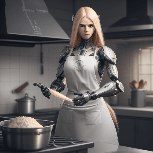 AI generated: Bare skin, apron, kitchen, cooking, cutting, long hair, hair, smooth hair, blonde hair, military rob...