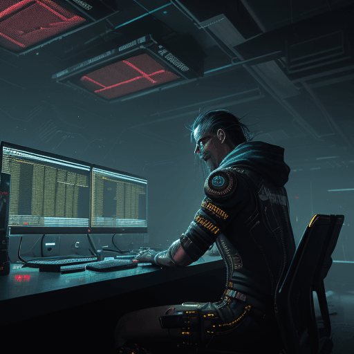 AI generated: The Trading room is dim, with only the yellow light from the screens illuminating the room. The prog...
