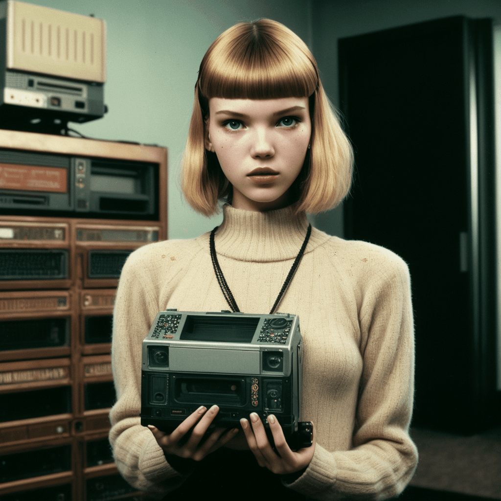 AI generated: a attractive punk girl holds a computer with a new neural network, an old movie film frame , film, g...