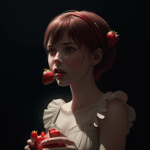 AI generated: Photo of woman with strawberry in her mouth and dress made of strawberries ultra-realistic, spectacu...