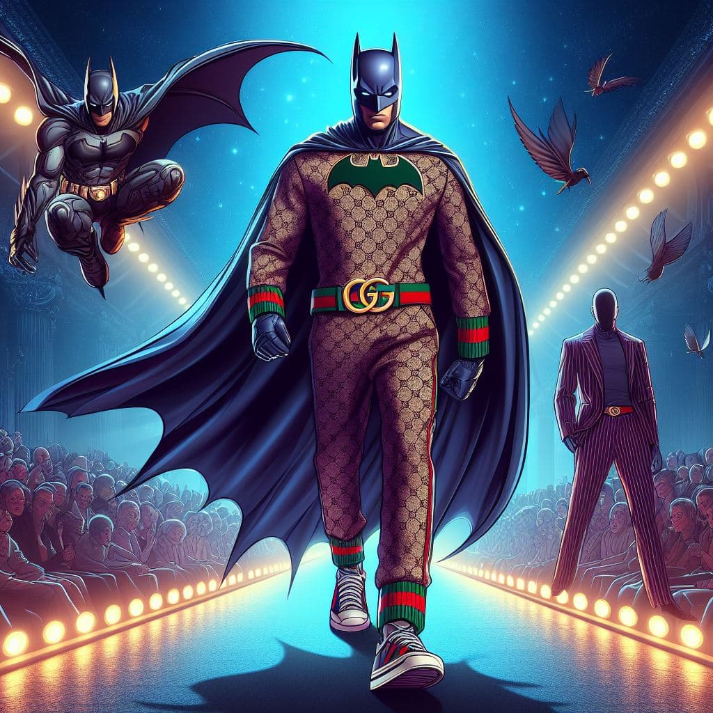 AI generated: Design a fashionable batsuit for Batman in the style of Gucci. Present it on a fashion show runway. ...