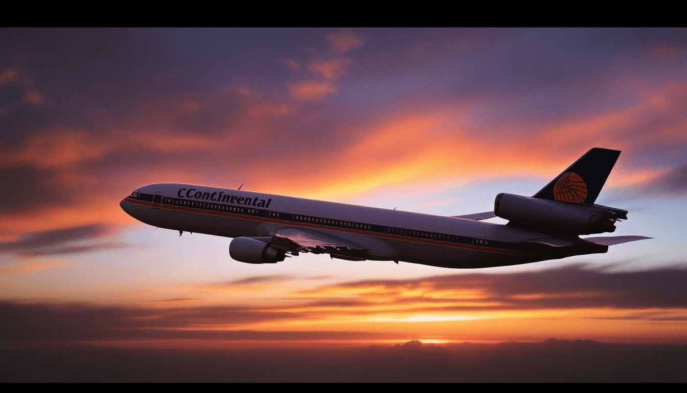 AI generated: 1980's Continental DC-10 flying at sunset.