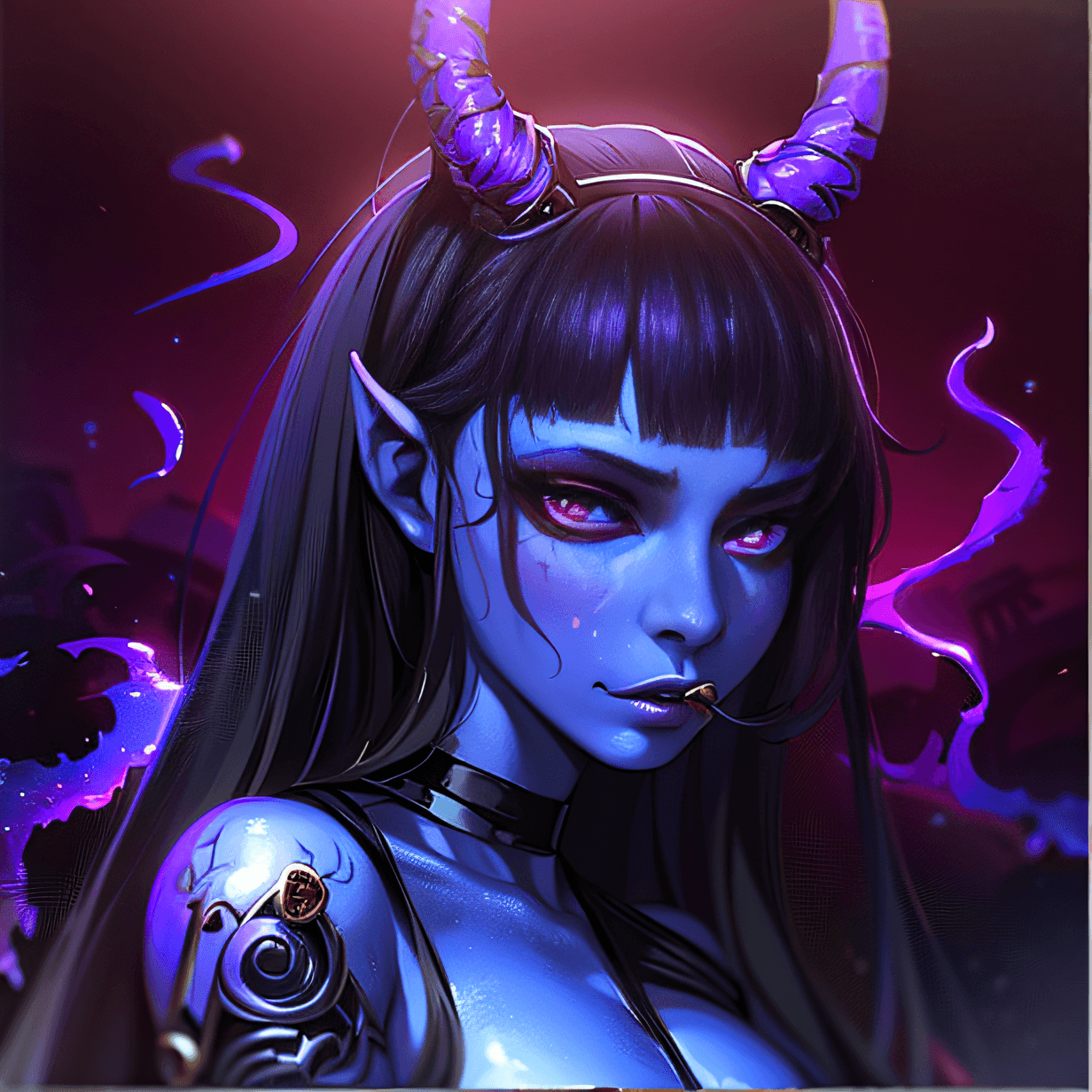 AI generated: a close up of a woman with horns and a demon face, blue tiefling, tiefling, demon girl, portrait of ...