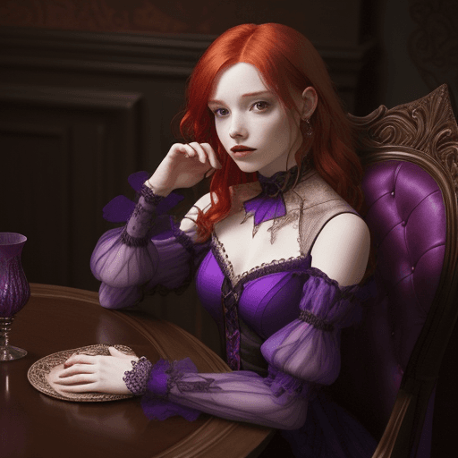 AI generated: a woman with red hair sitting at a table , by Valerie Petts, tumblr, intricate fantasy dress, violet...