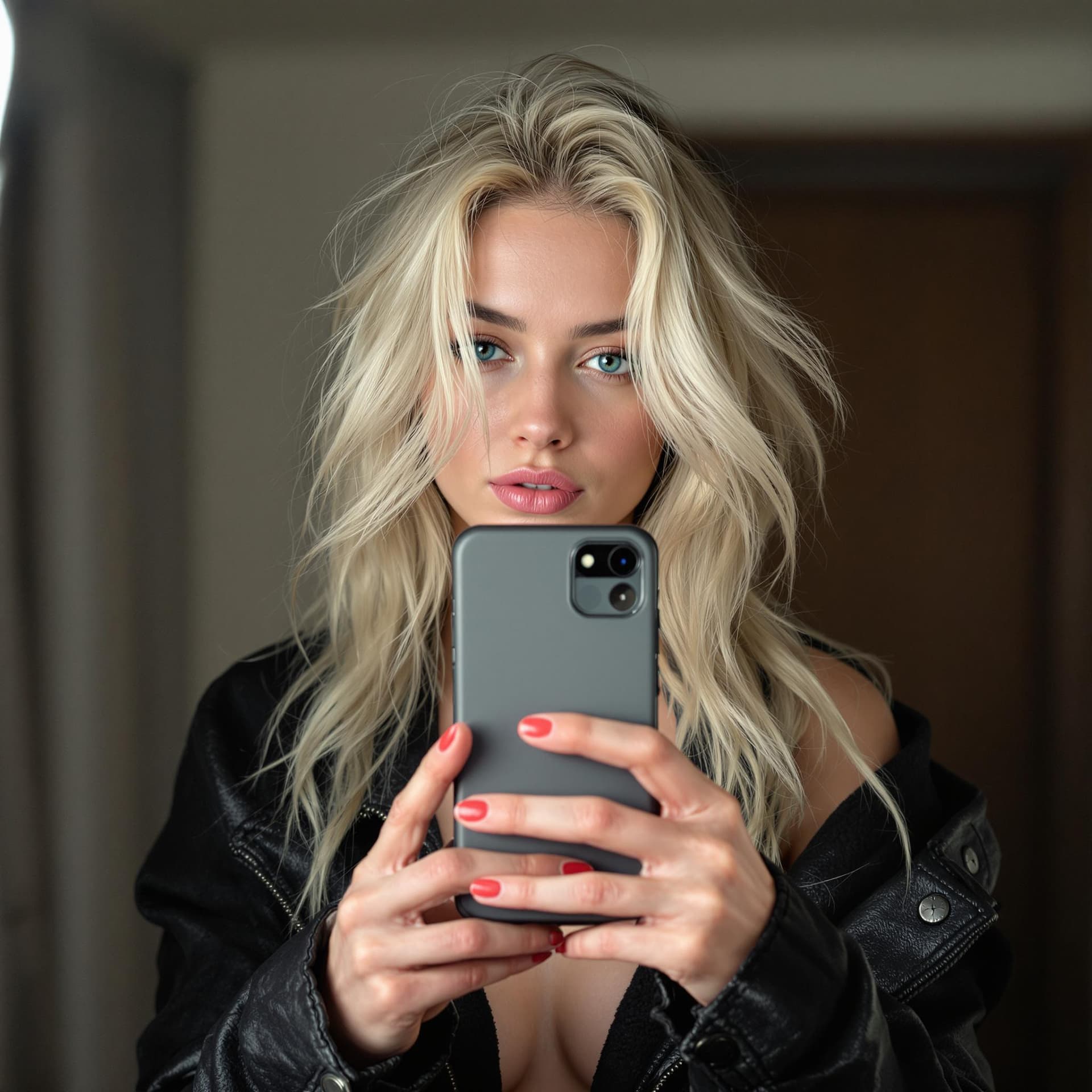 AI generated: white skin blonde with skinny hot face
taking a photo in the mirror with the phone, the phone covers...