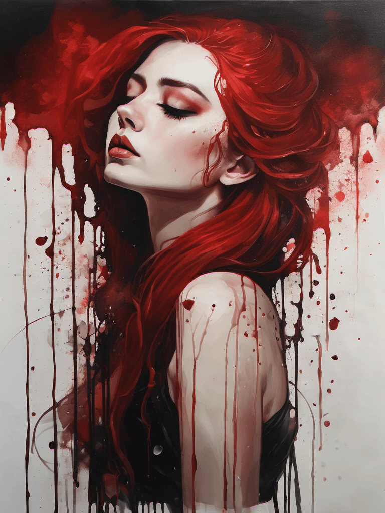 AI generated: dramatic death of a 17yo girl, half body submerged in blood, red hair, dramatic, gloomy, dark, 4k, h...