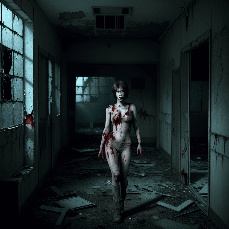 AI generated: A  creepy resident evil girl in a deserted abandoned hospital, highly detailed, photo realistic, 8k ...