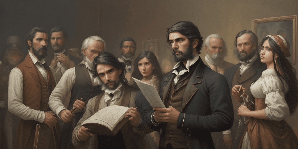 AI generated: an oil painting on canvas of a 1800s man with an scroll, surrounded by latin people, colorful tones ...