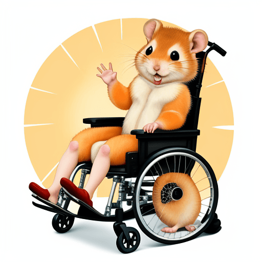 AI generated: ginger hamster in a wheel chair, its leg is raised and in a cast. it is smiling and waving.
warm lig...