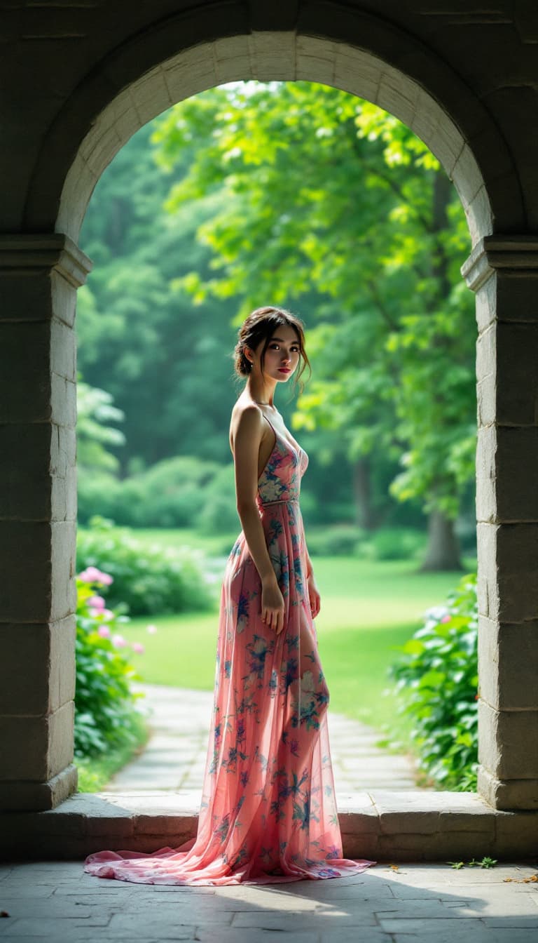AI generated: In the tranquil setting of a stone archway, a young woman stands as the focal point of this image. S...