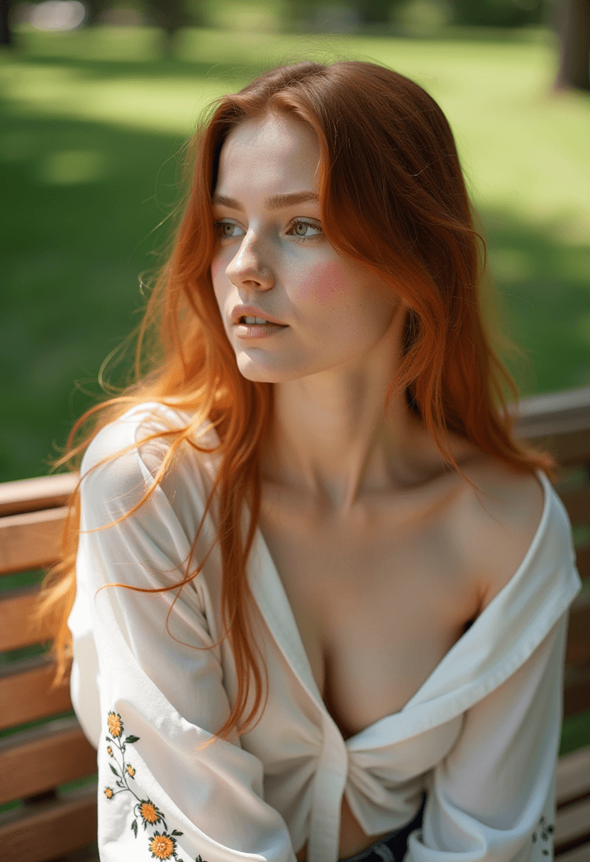 AI generated: photograph of a breathtaking beautiful young woman, long auburn hair, fair complexion, light freckle...