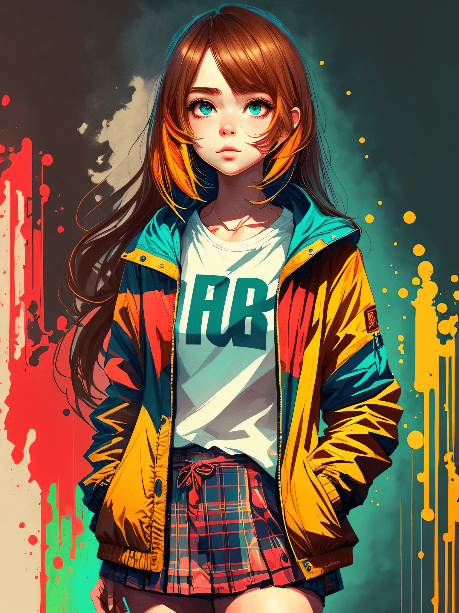AI generated: CCDDA style, creative colorful flat background, girl, casual clothes, jacket, skirt,