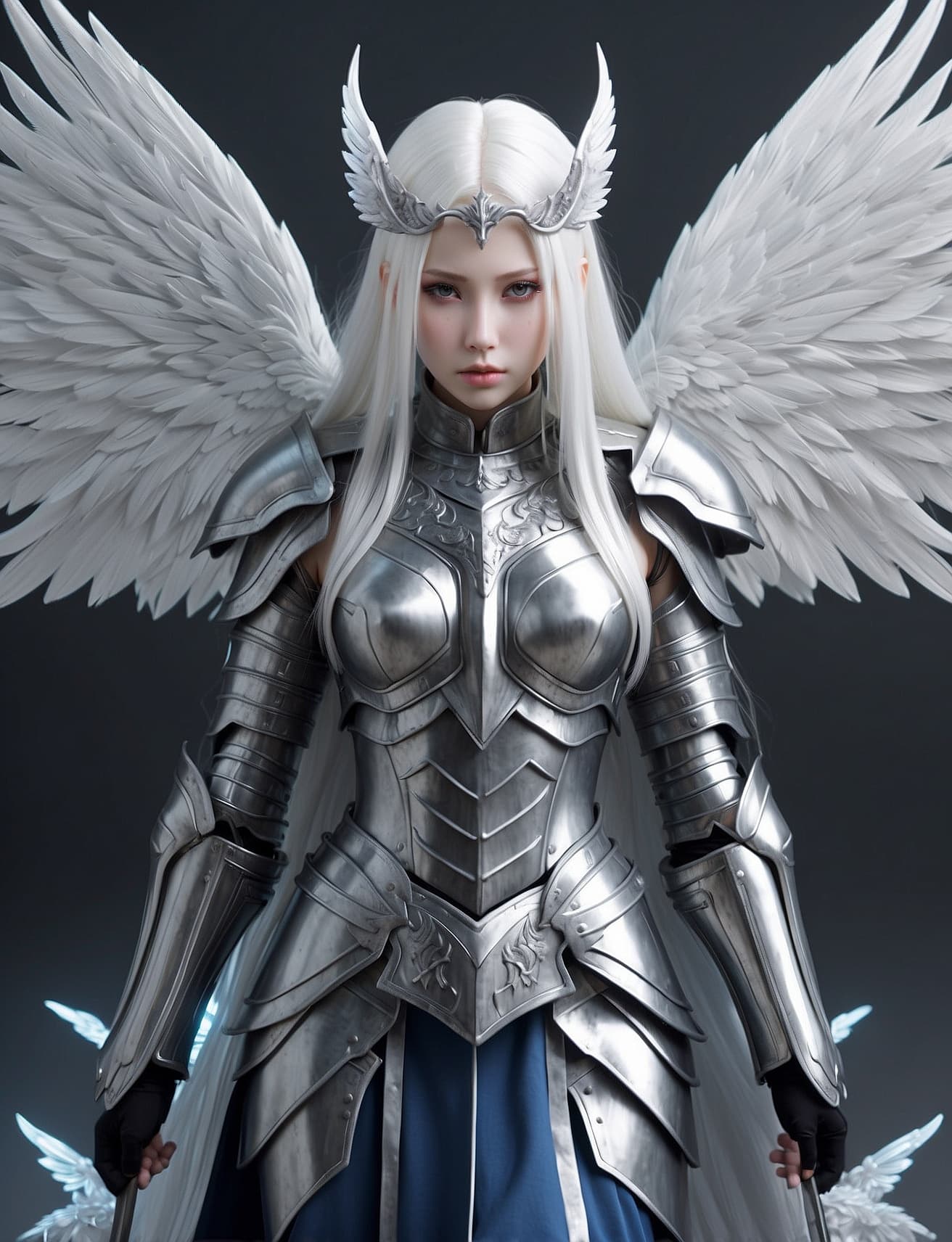 AI generated: ethereal female warrior archangel, hauntingly beautiful, long White hair, pale skin, blue eyes, symm...