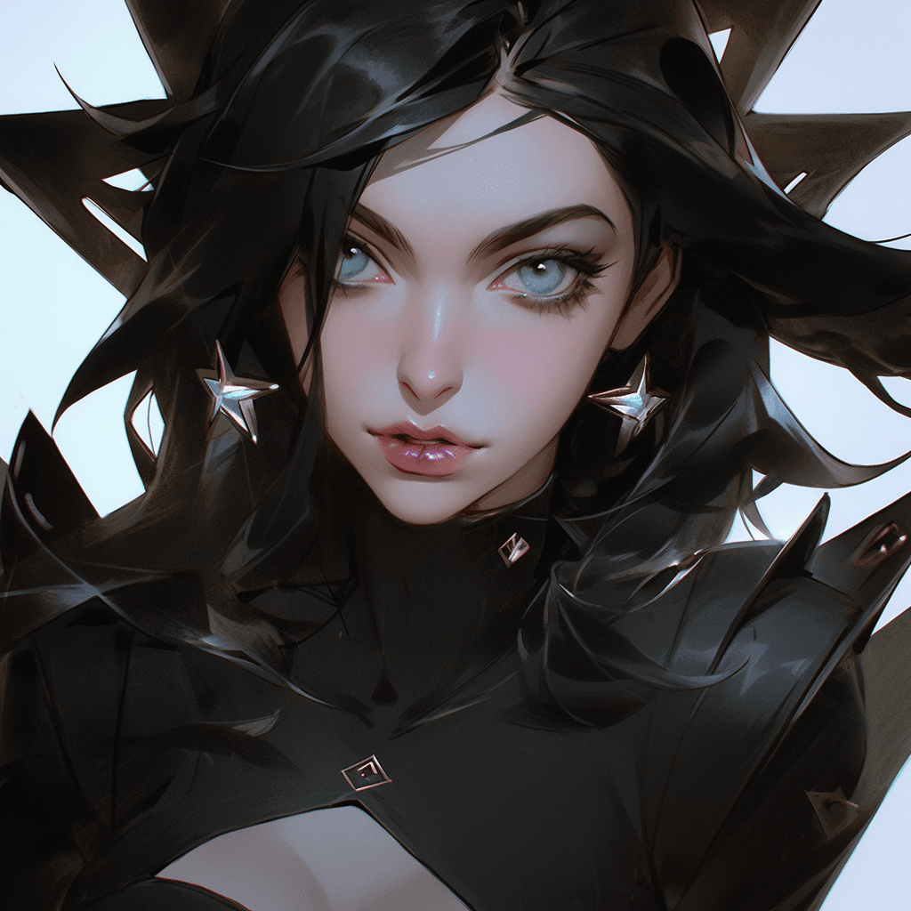 AI generated: league of legends girl, cute, e girl, goth girl, star girl, wearing cute armor, thin clothes, tan th...
