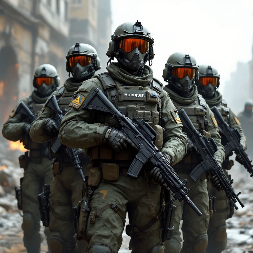 AI generated: Create the image of five soldiers in full combat gear, each holding a machine gun. The inscription “...