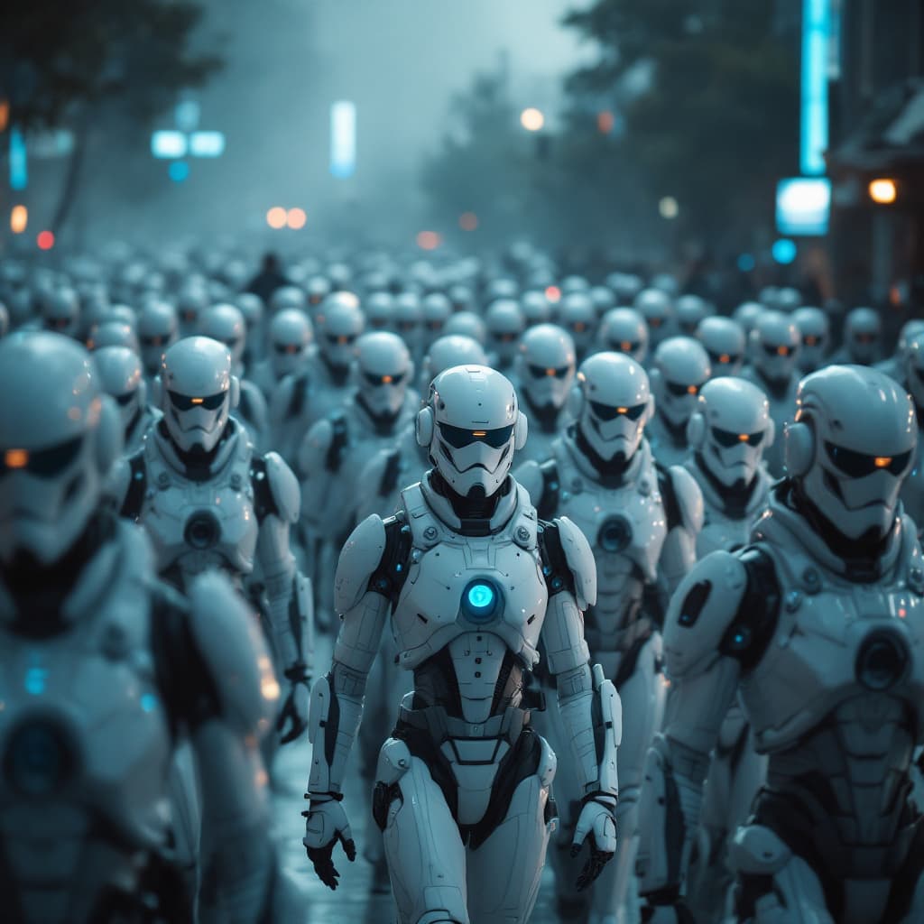 AI generated: An army of white and blue colored cybernetic soldiers marching, muted colors, photorealistic, cinema...