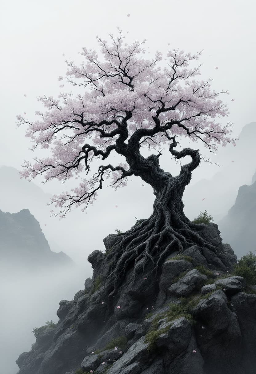 AI generated: A cinematic grayscale ink-style scene of a twisted sakura tree on a rocky hilltop, surrounded by lay...