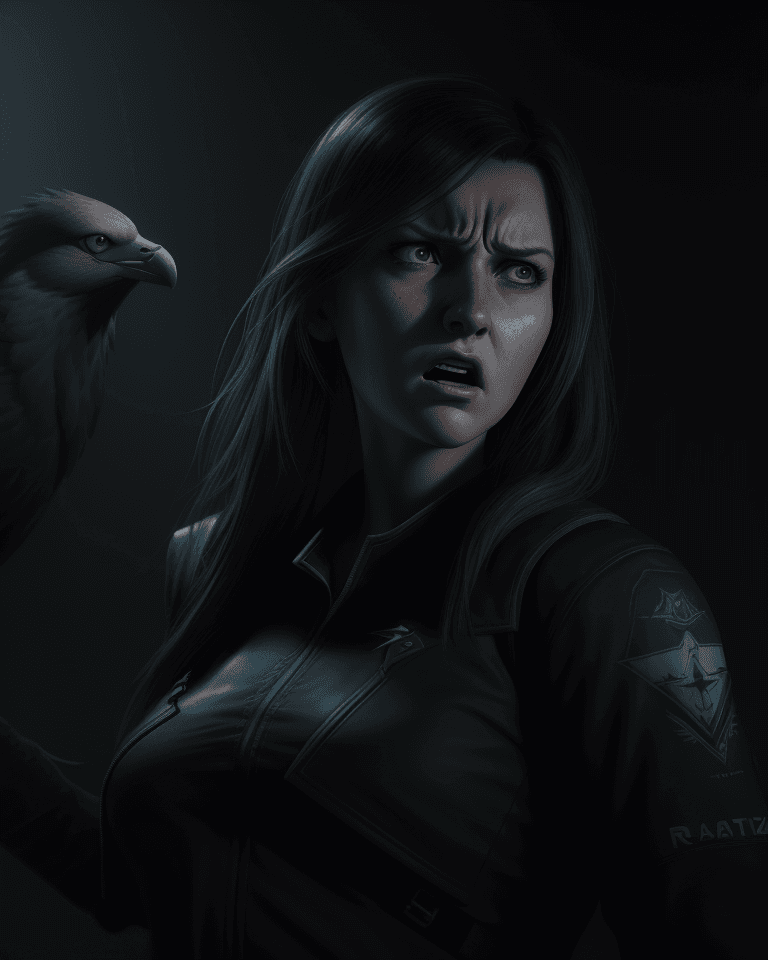 AI generated: Angled photo of a young lady Looking in fear at a Seagal, scared, screaming, dramatic lighting, conc...
