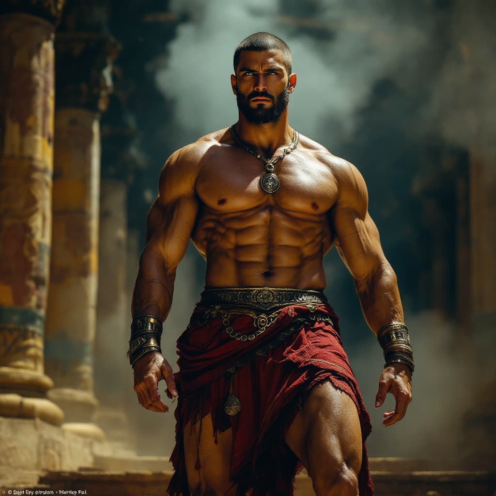 AI generated: Medium Angle - Looking at the figure from knee level, ANCIENT ROME, gladiator, ancient Roman man, Ca...