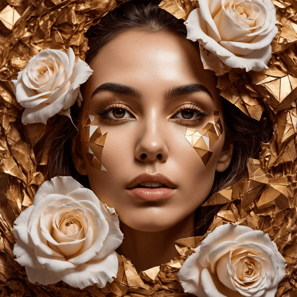 AI generated: Ultra detailed artistic abstract photography of woman's face (geometrical), golden, white roses, det...