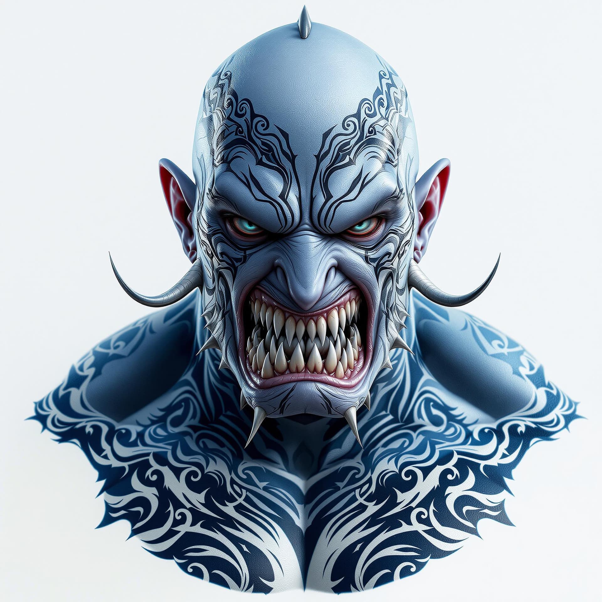 AI generated: high resolution anamorphic shark fighter, portrait, d & d, bald, muscular barbarian, blue scaley ski...