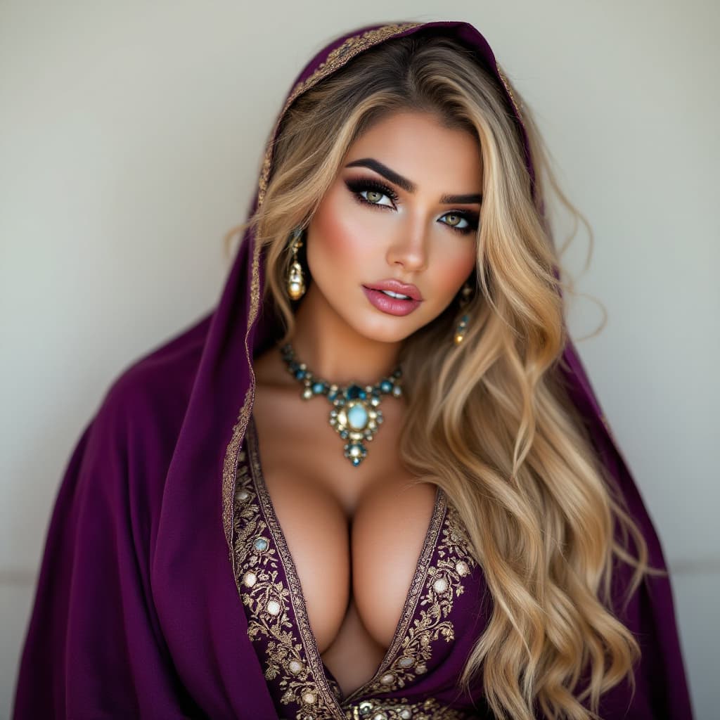 AI generated: Beautiful Iranian Persian Woman, long golden blonde hair, brown skin, black eyebrows, brown eyes, no...