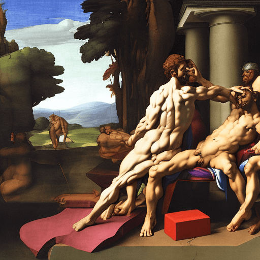AI generated: Michelangelo's The Creation of Adam but instead of pointing hands God is handing Adam a dumbbell