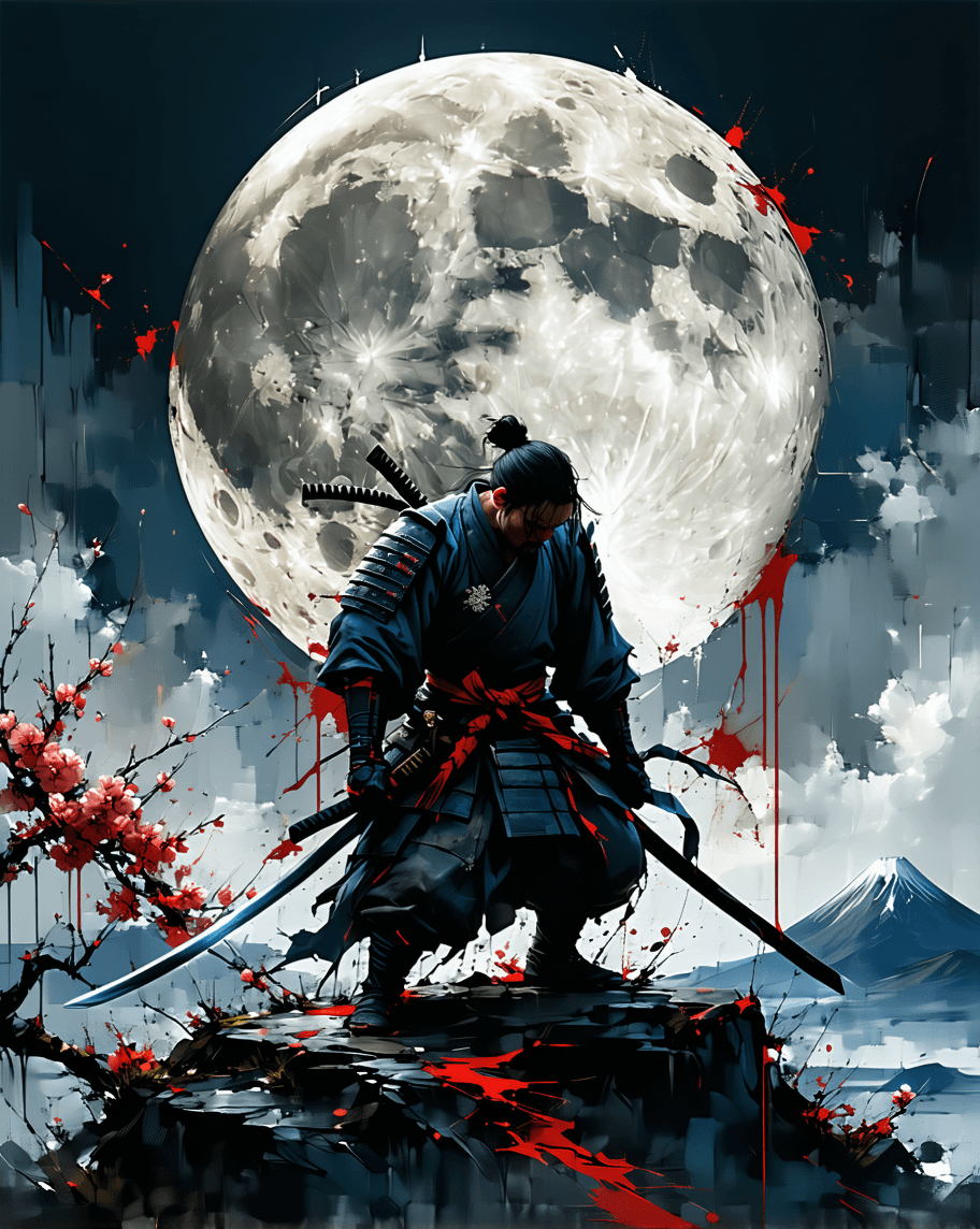 AI generated: blood stained moon, the last ronin depressed and angry on a Japanese mountain top with cherry blosso...