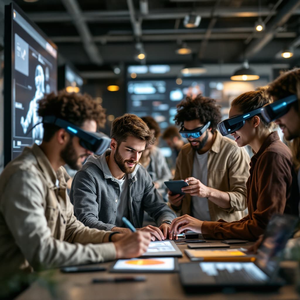 AI generated: A diverse group of young university students, both men and women, collaborating in a high-tech innov...