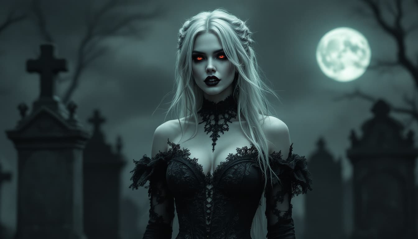 AI generated: A female figure stands in the midst of a dark, gothic environment, characterized by gravestones on a...