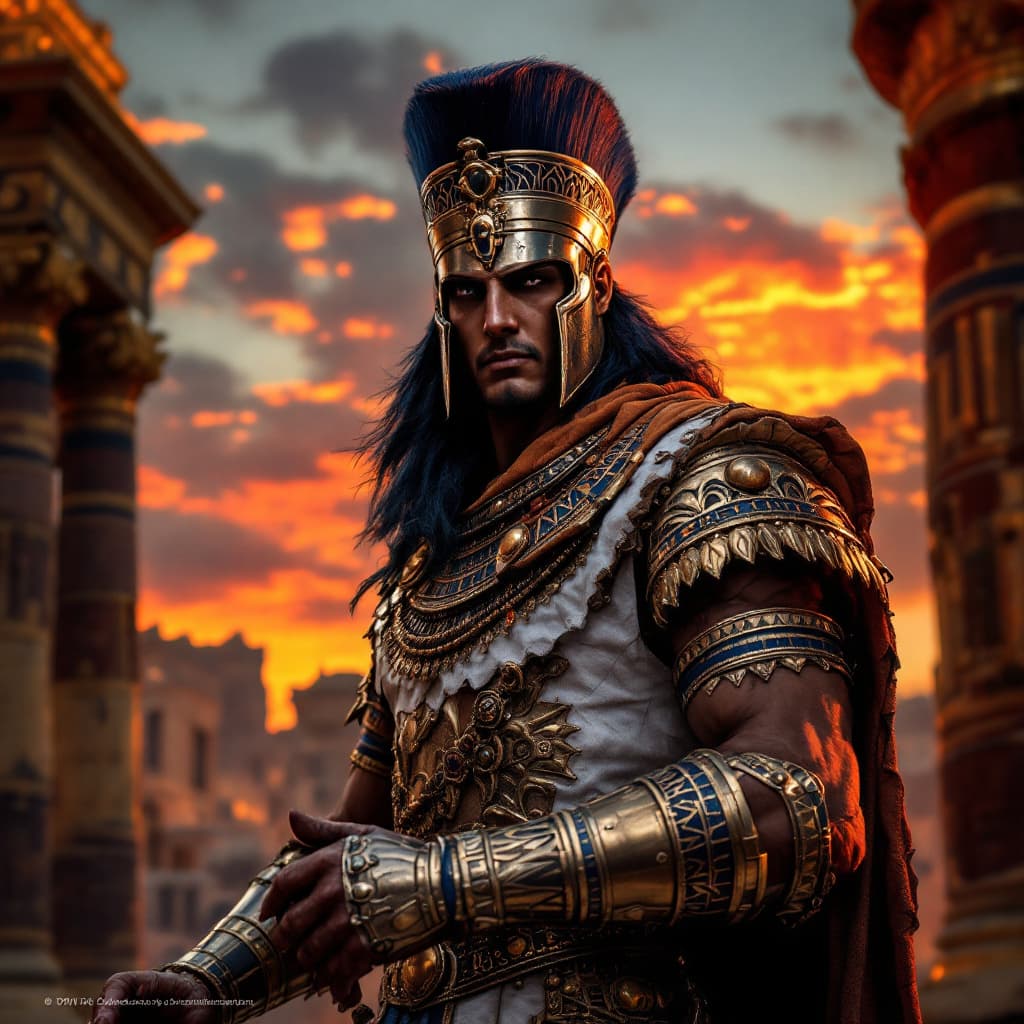 AI generated: Photo of pharonic  egyptian king
Sunset background
Hold his armor
