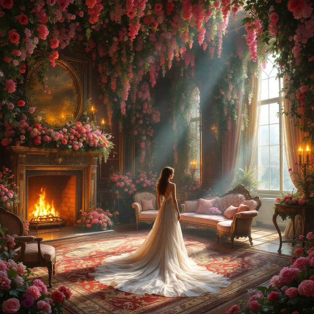 AI generated: Prompt: "A deep dream of an opulent room filled with vibrant flowers cascading from the ceiling and ...