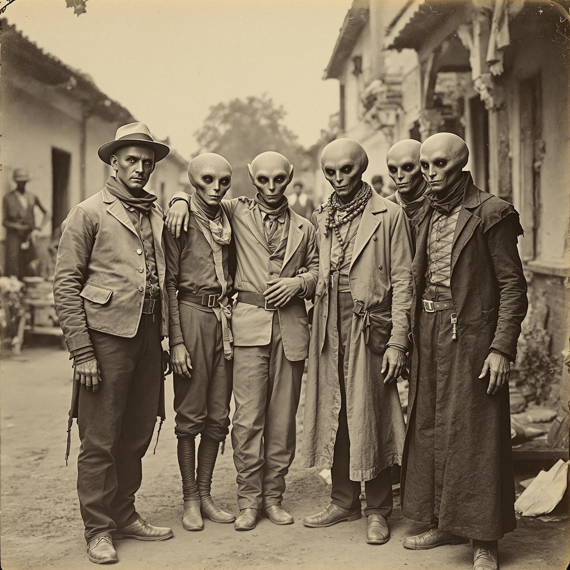 AI generated: histroical photograph, vintage from 1800 of group of village people standing with 2 aliens --ar 9:16...