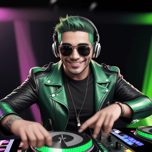 AI generated: beautiful (smiling:1) Latin Man DJ with (green hair:1.1) wearing (headphones:1.1) and sunglasses and...
