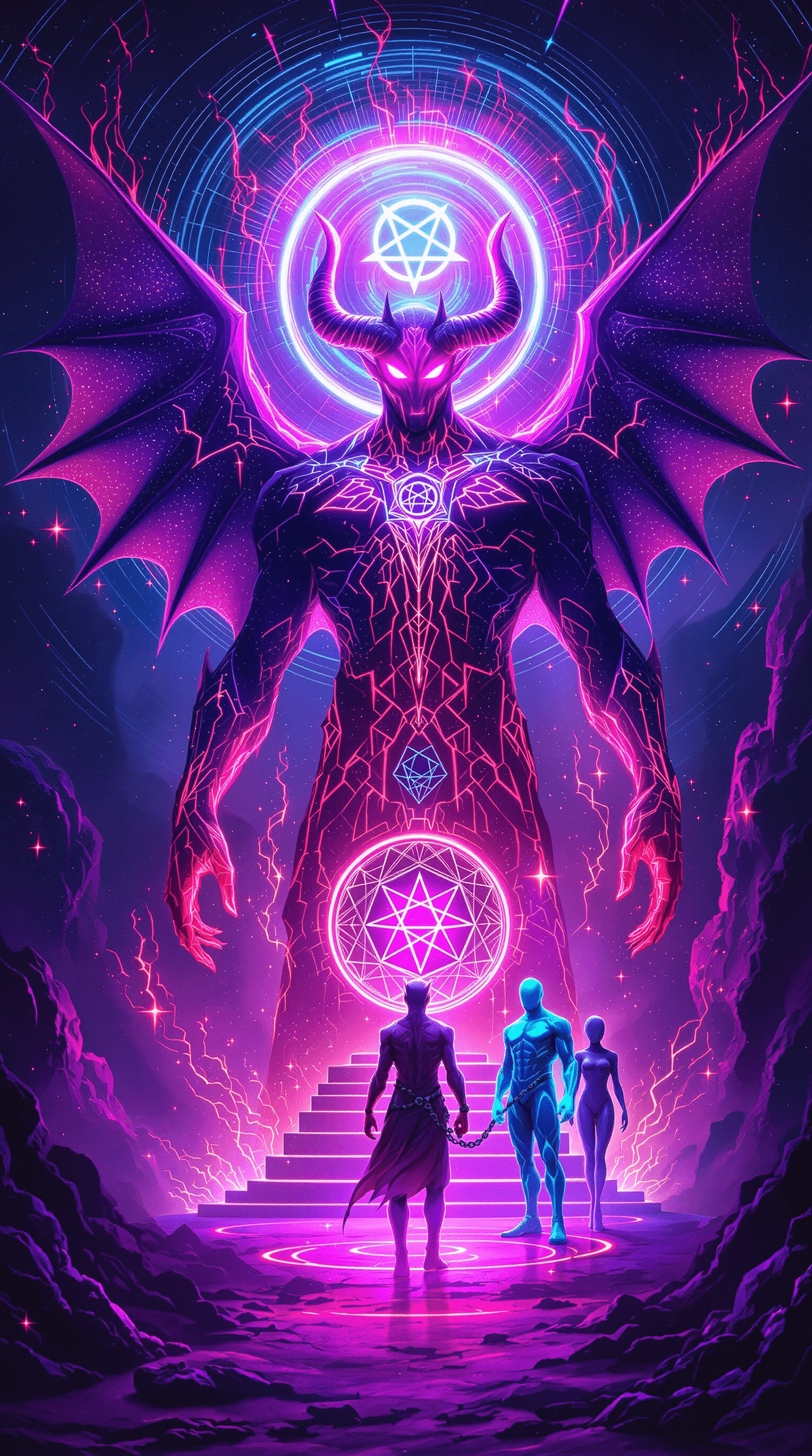 AI generated: “The Devil’s Neon Dominion” – A towering, horned figure emerges from a swirling neon abyss, his form...