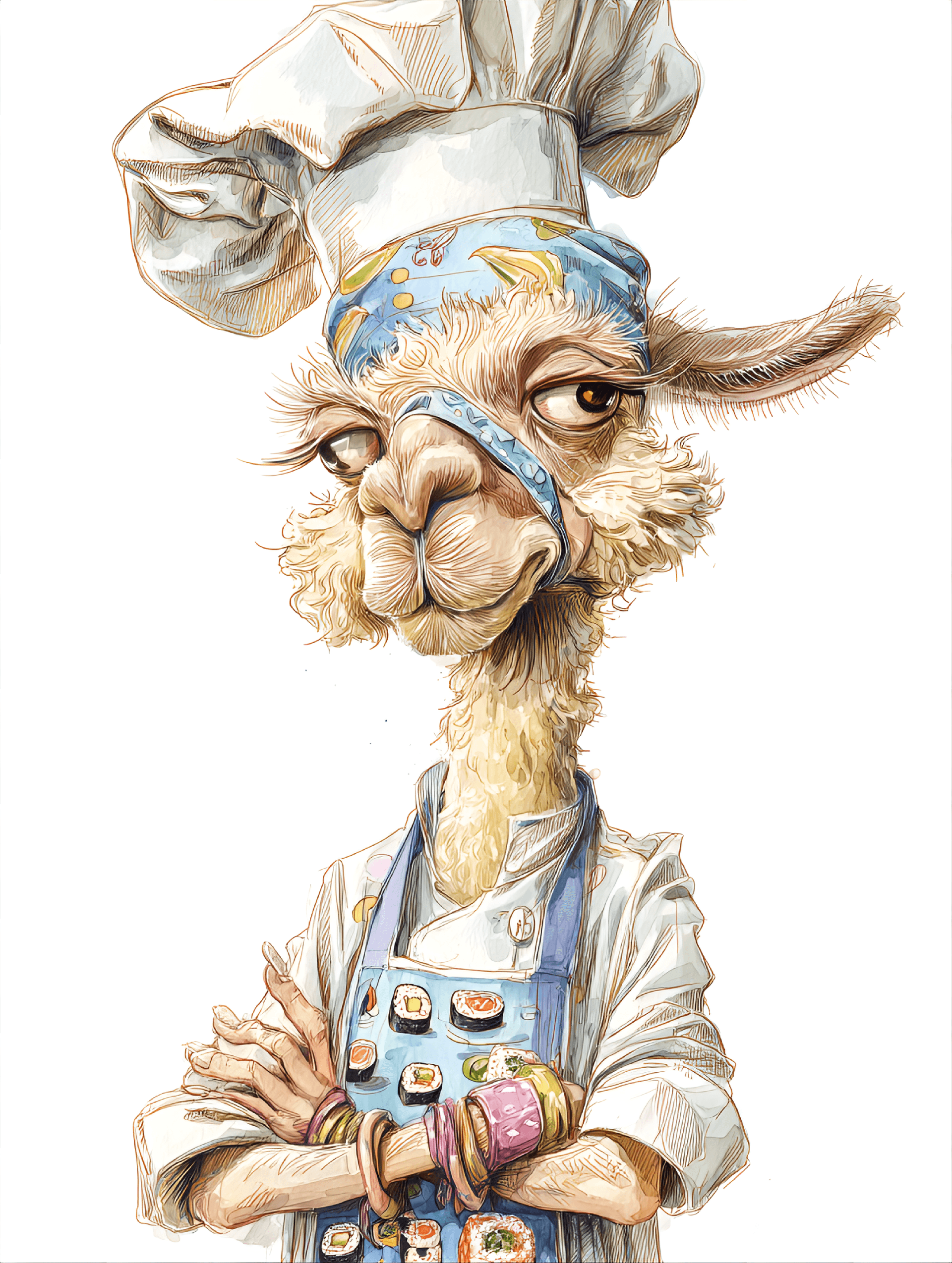 AI generated: funny caricature, llama animal caricature, young andean male, 5 years old, fluffy wool, long neck, b...
