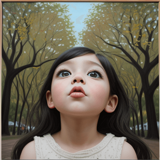 AI generated: creative painting of a New York child with large eyes with thick, long black eyelashes, looking up, ...
