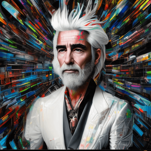 AI generated: man in white hair, in the style of multi-layered collages, edgy street art, celebrity-portraits, car...