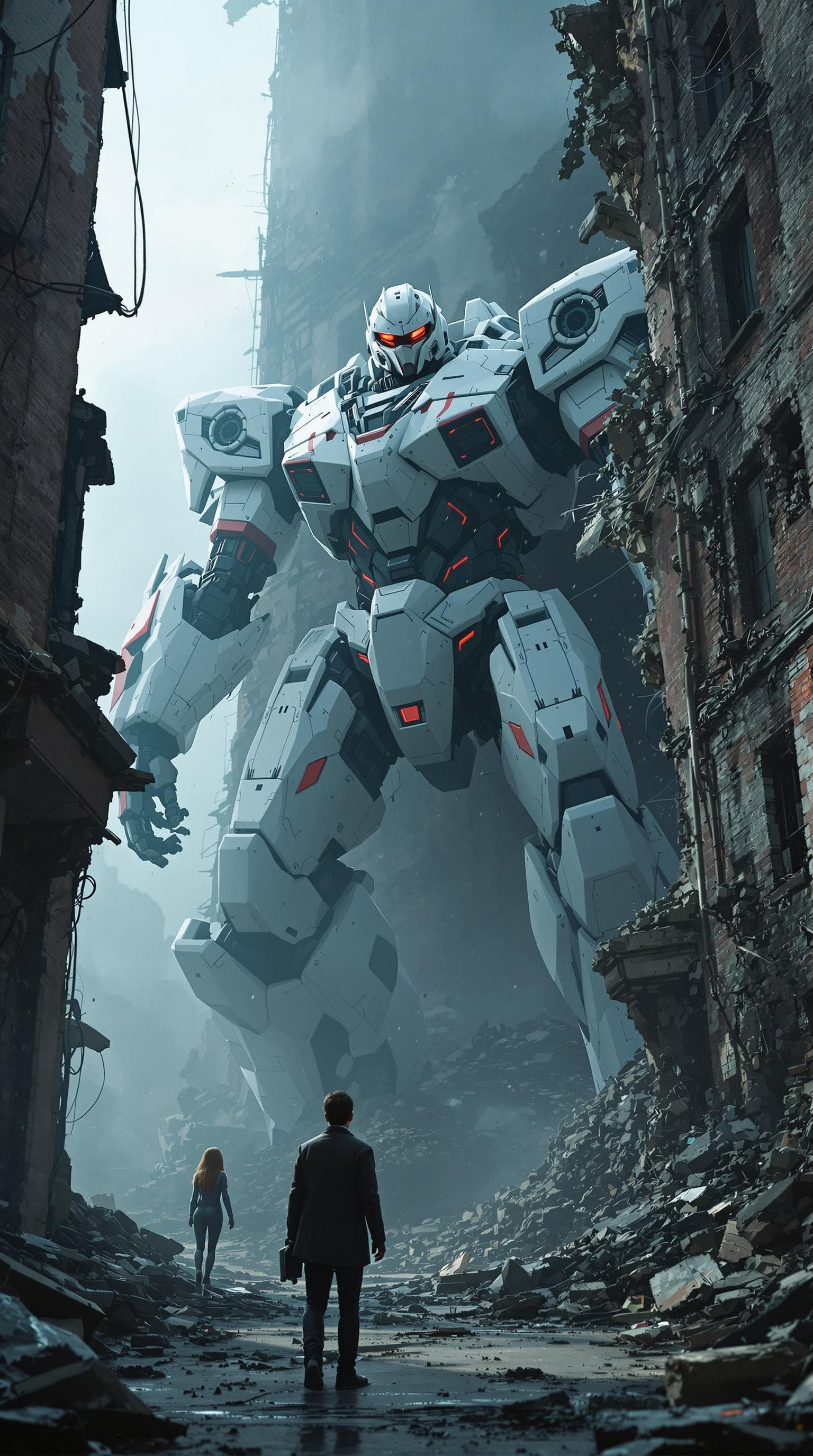 AI generated: Dystopian setting, Cinematic, 4k, massive white and red mecha robot emerging from behind a crumbling...