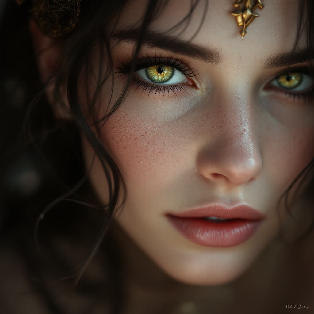 AI generated: a woman with green eyes, in the style of realism with fantasy elements, daz3d, fine art realism, mag...