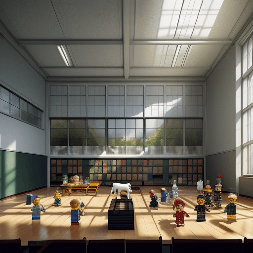 AI generated: Very realistic exterior photo of an old school in lego style, lego animals in the classroom, dayligh...