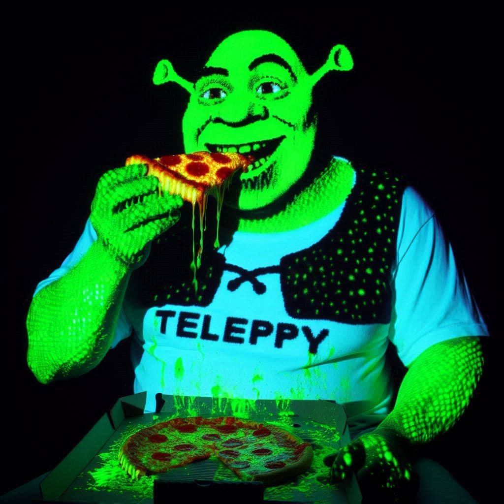 AI generated: Shrek está representado como caracteres ascii proyectado verde luminoso , está sentado comiendo pizz...