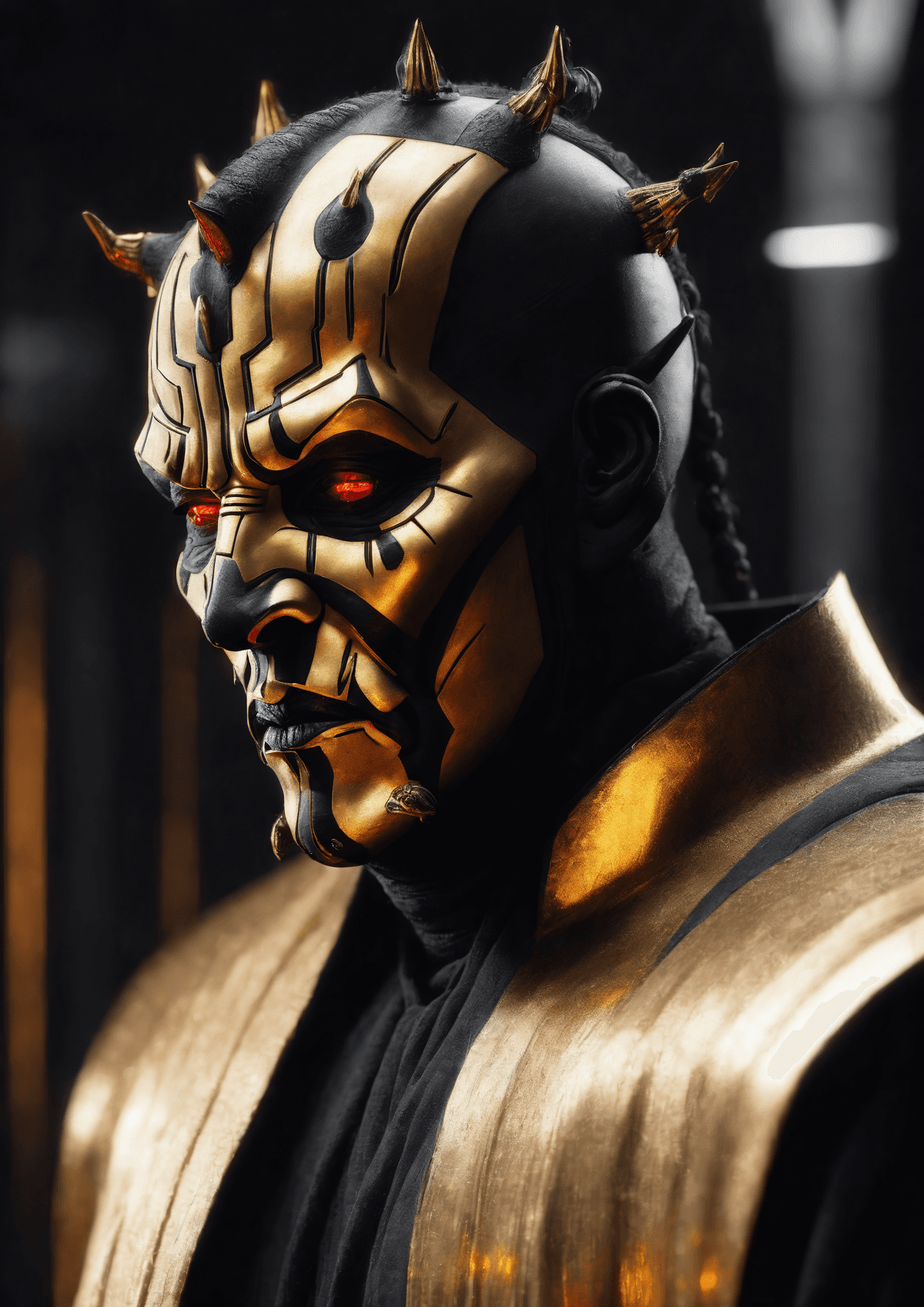 AI generated: symmetry! ! portrait of gold and black darth maul, star wars, sci - fi, glowing lights! ! intricate,...